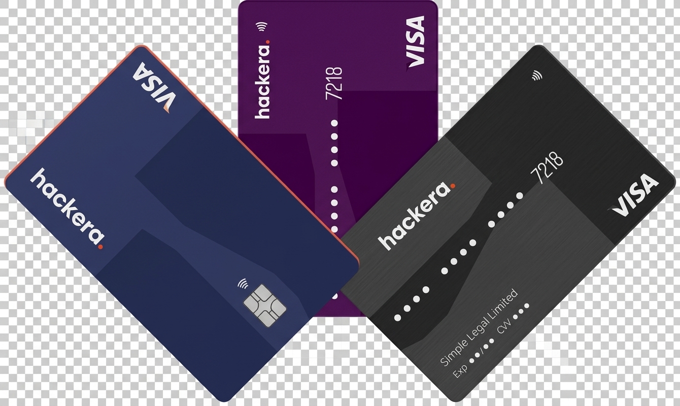 Hackera cards in navy, plum and graphite