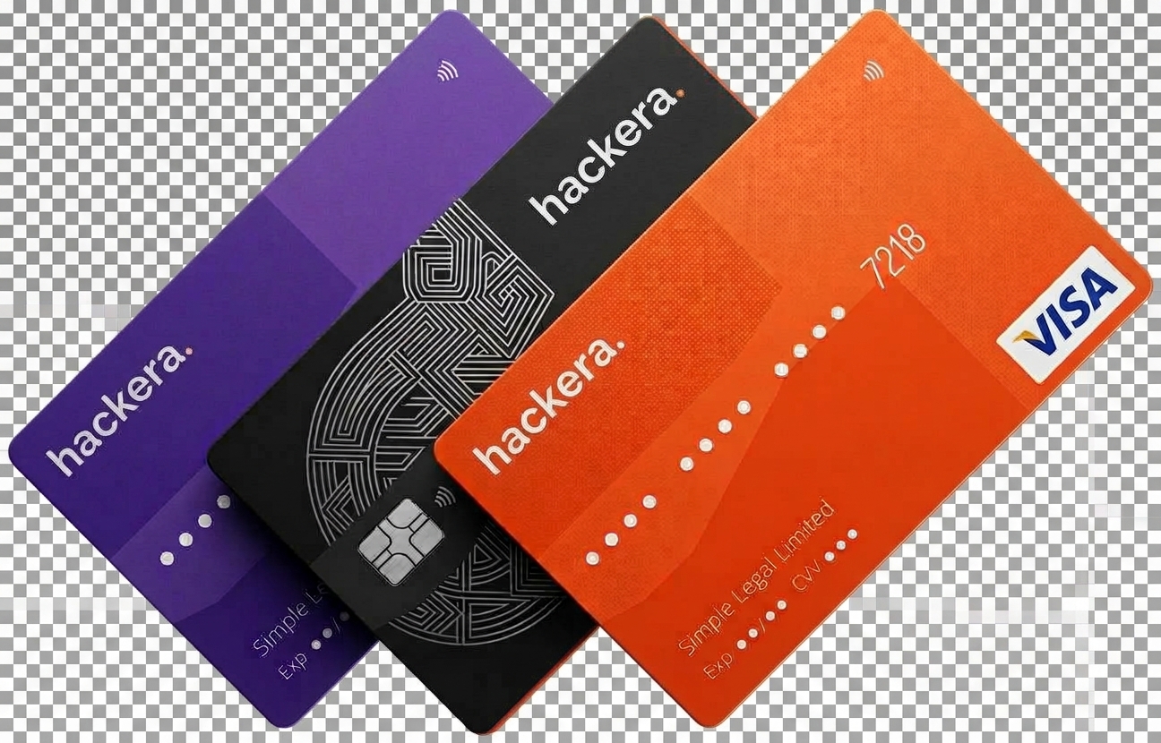 Hackera cards in purple, black and orange